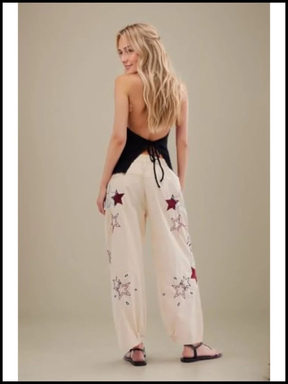 Mid Rise Barrel Starry Print Wide Leg Denim Pants for Women Embroidered Baggy
